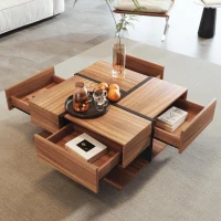 Square Coffee Table with 4 Drawers, Unique Pattern, Bottom Storage, 78L x 78W x 36H cm, Natural(m-7)