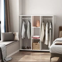 HOMCOM Roupeiro de Madeira Móvel Armário Roupeiro Aberto com 2 Barras para Pendurar e 3 Prateleiras Organizadoras 120x40x128 cm Branco(m-7)