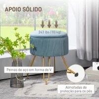 HOMCOM Puff de Armazenamento Estofado em Veludo Banco de Armazenamento com Pés de Aço Ø40x48 cm Azul Claro(m-7)