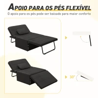 HOMCOM Sofá Cama Individual 3 em 1 Estofado em Linho Reclinável em 5 Posições com Apoio para os Pés e Apoio para a Cabeça 95x189x43 cm Preto(m-6)