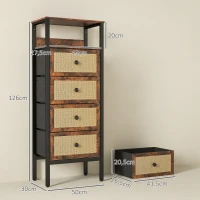HOMCOM Cómoda de Tecido Cómoda para Dormitório com 4 Gavetas com Frente em Vime Prateleira 50x30x126 cm Marrom Rústico(m-3)