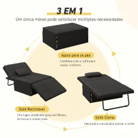 HOMCOM Sofá Cama Individual 3 em 1 Estofado em Linho Reclinável em 5 Posições com Apoio para os Pés e Apoio para a Cabeça 95x189x43 cm Preto(m-4)