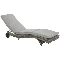 Outsunny Espreguiçadeira de Vime Reclinável Espreguiçadeira de Jardim com 2 Rodas Encosto Ajustável em 5 Posições 207x70x70 cm Cinza(m-11)