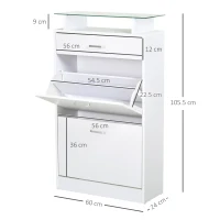 HOMCOM Dulap pentru Pantofi cu 2 Uși pe 2 Niveluri, Sertar și Raft din Sticlă, Dulap pentru Pantofi, 60x24x105,5 cm, Alb(m-3)