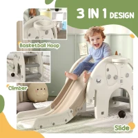 AIYAPLAY 3 in 1 Toddler Slide with Basketball Hoop, Climber, Elephant-Themed, for 1-3 Years, Cream White(m-4)