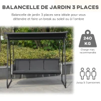 Outsunny Balancelle de jardin 3 places auvent inclinaison réglable coussins assise et dossier 210L x 138l x 182H cm métal noir polyester noir(m-4)