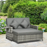 Outsunny Rattan Garden Daybed, Assembled Double Sun Lounger with 5-Level Adjustable Back, Storage Ottoman, Cushions, Pillows and Retractable Trays, Outdoor Loveseat Sofa Bed for Patio, Mixed Grey(m-10)