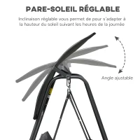 Outsunny Balancelle de jardin 3 places auvent inclinaison réglable coussins assise et dossier 210L x 138l x 182H cm métal noir polyester noir(m-5)