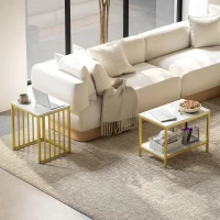 HOMCOM Modern Coffee Table Set of Two, Marble-Effect Nesting Side Tables with Steel Frame for Living Room, Gold Tone(m-8)