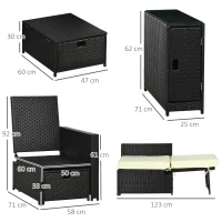 Outsunny 5PC PE Rattan Sun Lounger, Outdoor Wicker 5-level Adjustable Recliner Sofa Bed with Storage Side Table and Footstools, for Patio, Garden, Poolside, Black(m-3)