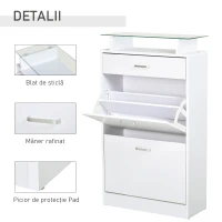 HOMCOM Dulap pentru Pantofi cu 2 Uși pe 2 Niveluri, Sertar și Raft din Sticlă, Dulap pentru Pantofi, 60x24x105,5 cm, Alb(m-7)