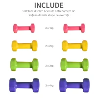 HOMCOM Set de 8 Gantere cu Design Hexagonal, Greutăți pentru Sală de Antrenament din Oțel și PU, Ø9x19,5 cm, Multicolore(m-5)