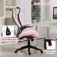 HOMCOM Cadeira de Escritório Giratória com Altura Ajustável Apoio para os Braços Dobráveis e Função Basculante 66x66x113-121 cm Rosa(m-5)