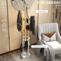 HOMCOM Bamboo Coat Rack Free Standing Hall Tree Umbrella Holder with 13 Hooks for Clothes Hats Scarf Bags for Entryway Living Room Bedroom Natural and White(m-4)
