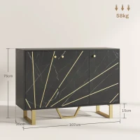 HOMCOM Aparador de Sala de Estar com 2 Armários e Prateleira Interior Ajustável com Efeito Mármore 107x35x75 cm Preto e Dourado(m-3)