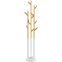 HOMCOM Bamboo Coat Rack Free Standing Hall Tree Umbrella Holder with 13 Hooks for Clothes Hats Scarf Bags for Entryway Living Room Bedroom Natural and White