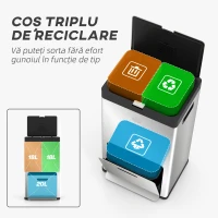 HOMCOM Coș de Gunoi cu 3 Compartimente de 56L, Pedală și Închidere Silențioasă, 45,7x35,8x76 cm, Argintiu(m-4)