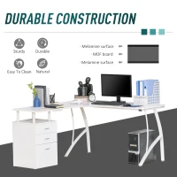 HOMCOM biurko w kształcie litery L z szufladami wykonanymi z materiału MDF metal narożnik do domowego biura miejsce pracy w stylu industrialnym kolor biały 143,5 x 143,5 x 76 cm(m-5)