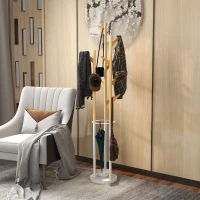 HOMCOM Bamboo Coat Rack Free Standing Hall Tree Umbrella Holder with 13 Hooks for Clothes Hats Scarf Bags for Entryway Living Room Bedroom Natural and White(m-10)