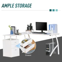 HOMCOM biurko w kształcie litery L z szufladami wykonanymi z materiału MDF metal narożnik do domowego biura miejsce pracy w stylu industrialnym kolor biały 143,5 x 143,5 x 76 cm(m-8)