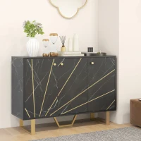 HOMCOM Aparador de Sala de Estar com 2 Armários e Prateleira Interior Ajustável com Efeito Mármore 107x35x75 cm Preto e Dourado(m-8)