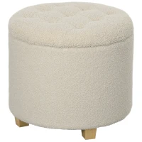 HOMCOM Okrągły stołek z miejscem do przechowywania, wiekiem i nogami z drewna, pufa do salonu, przedpokoju, sypialni, kremowobiały(m-1)