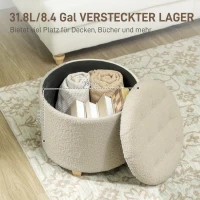 HOMCOM Okrągły stołek z miejscem do przechowywania, wiekiem i nogami z drewna, pufa do salonu, przedpokoju, sypialni, kremowobiały(m-4)