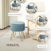HOMCOM Puff de Armazenamento Estofado em Veludo Banco de Armazenamento com Pés de Aço Ø40x48 cm Azul Claro(m-5)