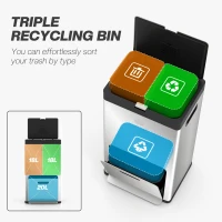 HOMCOM 56L Triple Compartment Stainless Steel Kitchen Bin, with Deodoriser Holders and Wheels - Silver Tone(m-4)