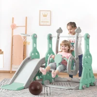 Toboggan 4-en-1 pour enfants avec balançoire, panier de basket et échelle de grimpe, toboggan de jardin pour intérieur et extérieur, 140×118×102 cm, Vert(m-1)