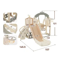 Set da gioco multifunzionale 5-in-1 per bambini con altalena, scivolo, scala da arrampicata, canestro da basket e telescopio, con box di stoccaggio integrato, 157×145,5×121 cm,Marrone + Bianco Antico(m-3)