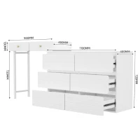 Coiffeuse avec armoires latérales extensibles, armoire de rangement pratique, 200×40×85 cm, Blanc(m-3)
