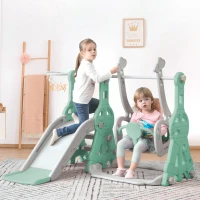 Toboggan 4-en-1 pour enfants avec balançoire, panier de basket et échelle de grimpe, toboggan de jardin pour intérieur et extérieur, 140×118×102 cm, Vert(m-5)