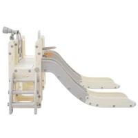 Toboggan multifonction 8-en-1 pour enfants, toboggan avec 2 glissières, échelle de grimpe, panier de basket, jeu de lasso, jumelles,200×165×95 cm, Gris blanc antique(m-11)