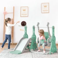 Toboggan 4-en-1 pour enfants avec balançoire, panier de basket et échelle de grimpe, toboggan de jardin pour intérieur et extérieur, 140×118×102 cm, Vert(m-6)