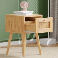 Table de chevet classique avec plateau de tiroir en rotin, poignée en métal doré et longues jambes en bois, espace de rangement pour salon et chambre, 38×38×58,5 cm, Naturel(m-5)