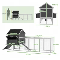 PawHut Galinheiro de Exterior Gaiola de Madeira Grande para 8-10 Galinhas com 2 Ninhos Bandeja Amovível e Rampa 347x160x150 cm Cinza(m-3)