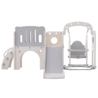 Scivolo per bambini con altalena, piattaforma, armadietto,gioco di perforazione, canestro basket e scala,Grigio+Bianco(m-12)
