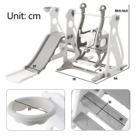 Scivolo per bambini 4-in-1 con altalena, scala e canestro da basket, regolabile in altezza, facile da montare, 113×100×94,5 cm,Bianco Antico+Grigio(m-3)