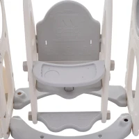 Toboggan pour enfants 7-en-1 avec balançoire, plateforme, placard, jeu de perçage, panier de basket et escalier, 215×150×106 cm, Gris+Blanc(m-8)