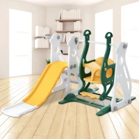 Toboggan pour enfants 4-en-1 avec balançoire, escalier et panier de basket, réglable en hauteur, 113×100×94,5 cm, Vert Antique(m-4)