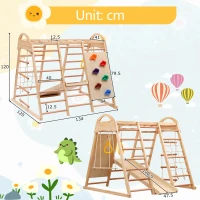 Struttura da arrampicata multifunzionale 7-in-1, altalena, scala da arrampicata, scivolo, rete, pietre da arrampicata, anelli, casetta tenda, 134×120×120 cm, Naturale(m-3)