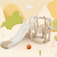 Toboggan 5-en-1 pour enfants avec balançoire, structure d'escalade, panier de basket et espace de rangement, 179×184×103 cm, Marron+Blanc(m-5)