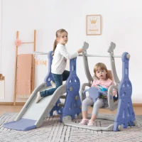 Toboggan 4-en-1 pour enfants avec balançoire, panier de basket, échelle de grimpe, toboggan de jardin pour intérieur et extérieur,140×118×102 cm, Bleu(m-1)