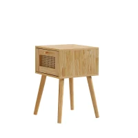 Nachttisch Rattan, Klassischer Nachttisch mit Rattan-Schublade, Goldgriff, 38x38x58cm, Natur(m-8)