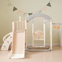 Set da gioco multifunzionale 5-in-1 per bambini con altalena, scivolo, scala da arrampicata, canestro da basket e telescopio, con box di stoccaggio integrato, 157×145,5×121 cm,Marrone + Bianco Antico(m-1)