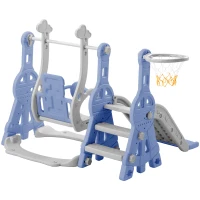 Toboggan 4-en-1 pour enfants avec balançoire, panier de basket, échelle de grimpe, toboggan de jardin pour intérieur et extérieur,140×118×102 cm, Bleu(m-12)