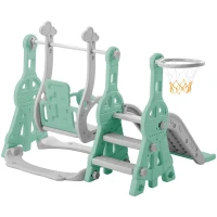 Toboggan 4-en-1 pour enfants avec balançoire, panier de basket et échelle de grimpe, toboggan de jardin pour intérieur et extérieur, 140×118×102 cm, Vert(m-11)