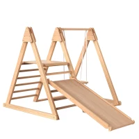Aire de jeux pour enfants 3-en-1 en bois, toboggan, balançoire et structure d'escalade, 123,5×113×114 cm, Naturel(m-2)
