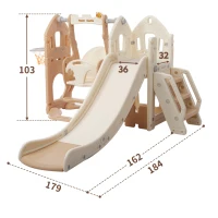 Toboggan 5-en-1 pour enfants avec balançoire, structure d'escalade, panier de basket et espace de rangement, 179×184×103 cm, Marron+Blanc(m-3)